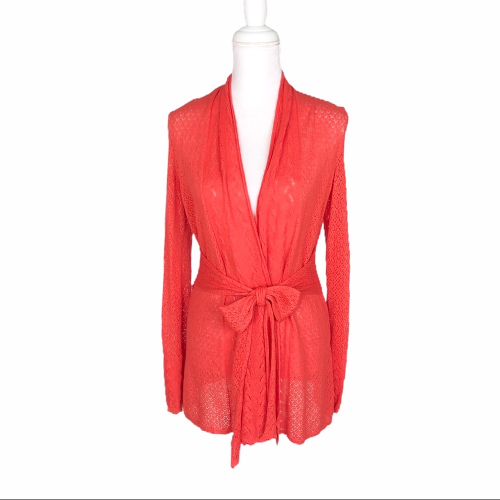 Anthropologie Knitted Knotted coral tie cardigan S
